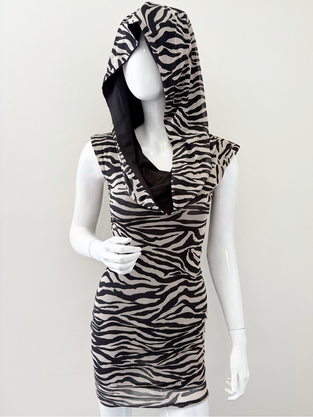 Nikibiki Sleeveless Cowl Neck Mesh Zebra Animal Print Hooded Bodycon Mini Dress
